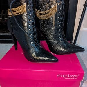 Shoe Dazzle Black Croc-Embossed Lace-Up Stiletto Booties with Gold Chain Fringe